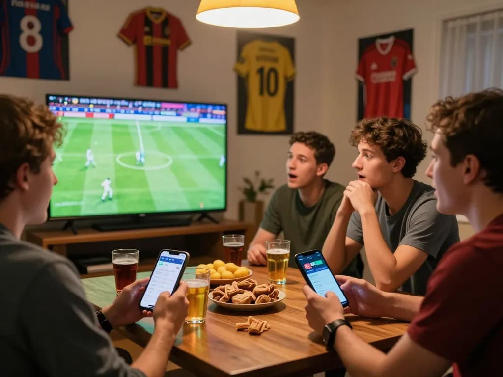Friends passionately watching a football match while placing bets on the vsc10 app.