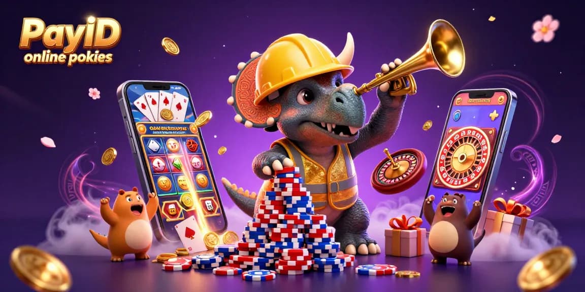 Engage with PayID online pokies in a vibrant, dynamic 3D casino scene filled with action.