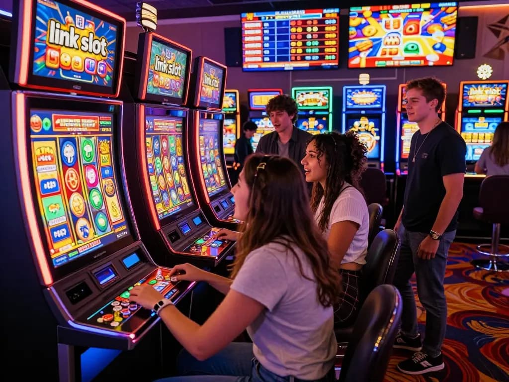 Teman-teman menikmati permainan link slot yang cerah di kasino yang ramai.