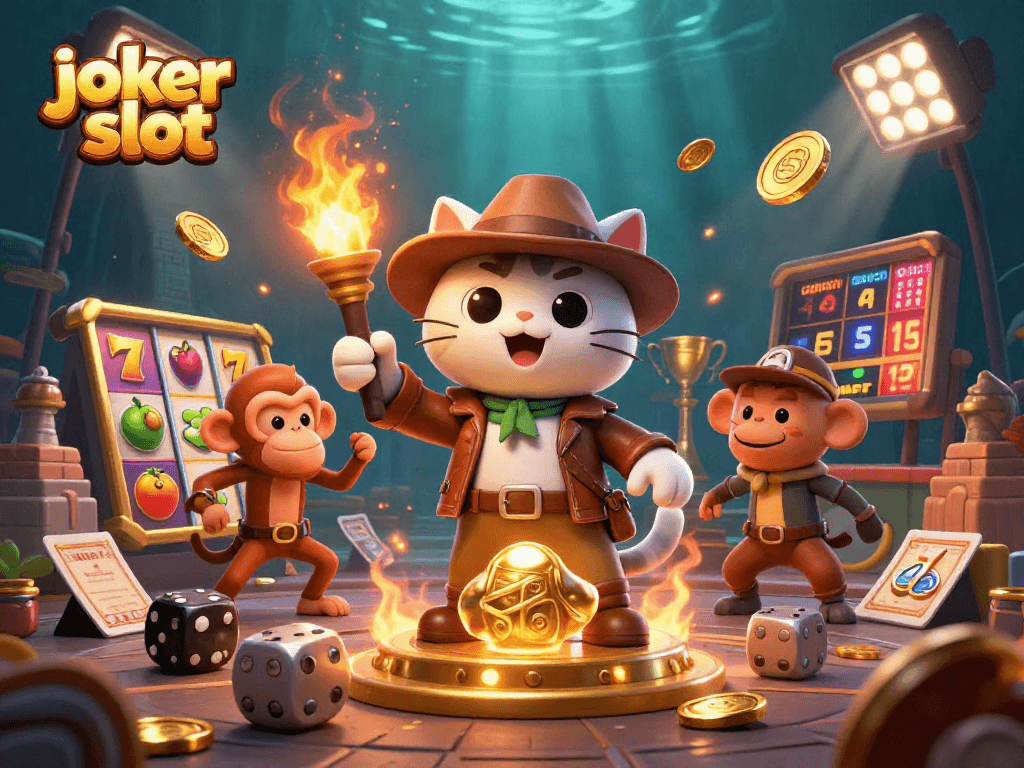 Permainan joker slot yang dinamis menampilkan kucing arkeolog dan monyet dengan elemen kasino berkilau.
