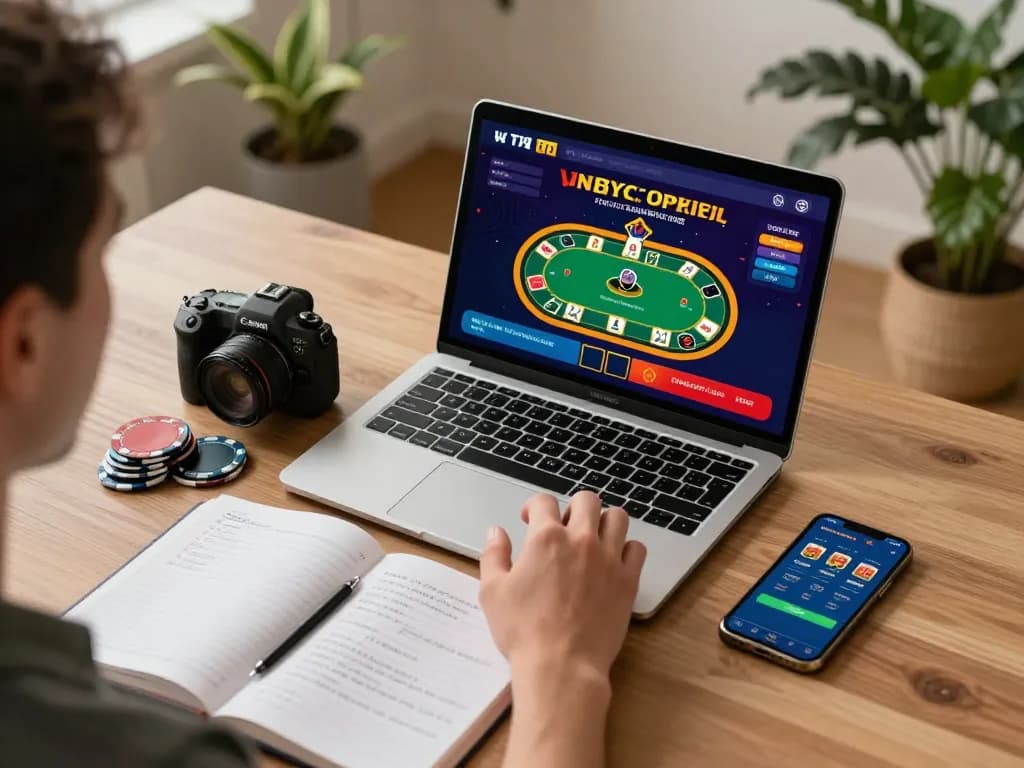 LV88 online gaming experience with a player enjoying poker at home, illustrating responsible gambling.