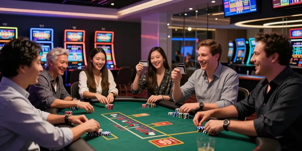 Engaging casino scene showcasing players at a blackjack table using credit cards at dea.org.uk, vibrant and stylish ambiance.