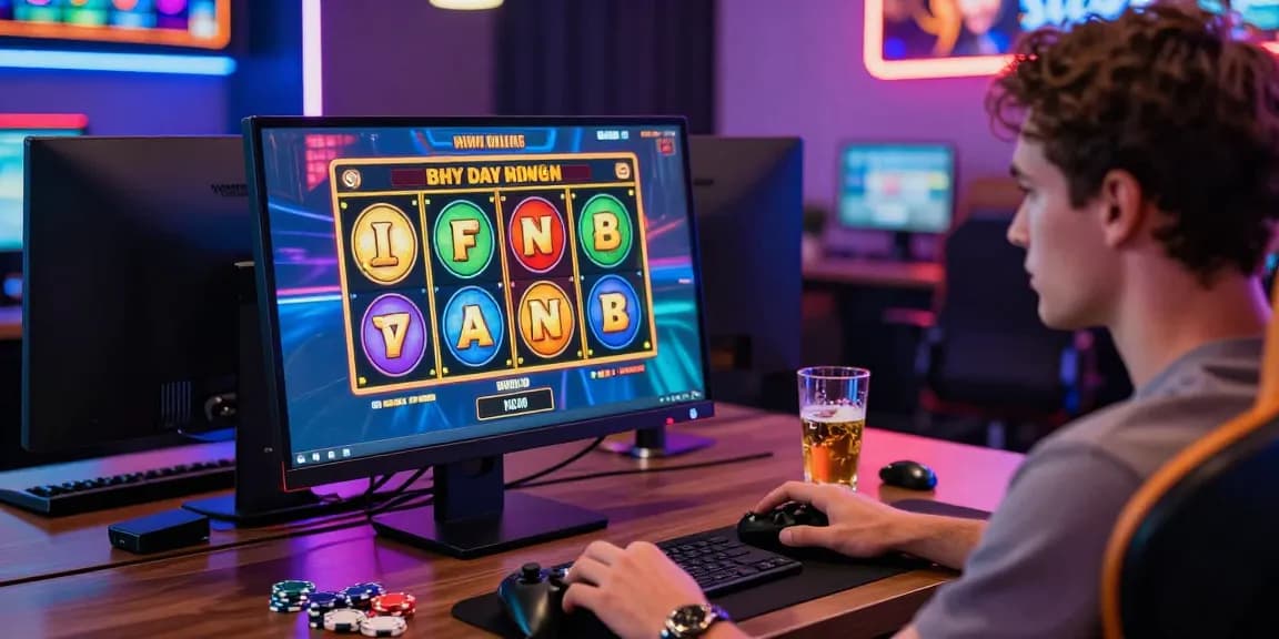 Player engaging with new online slot sites on a modern gaming setup surrounded by neon lights and casino elements.