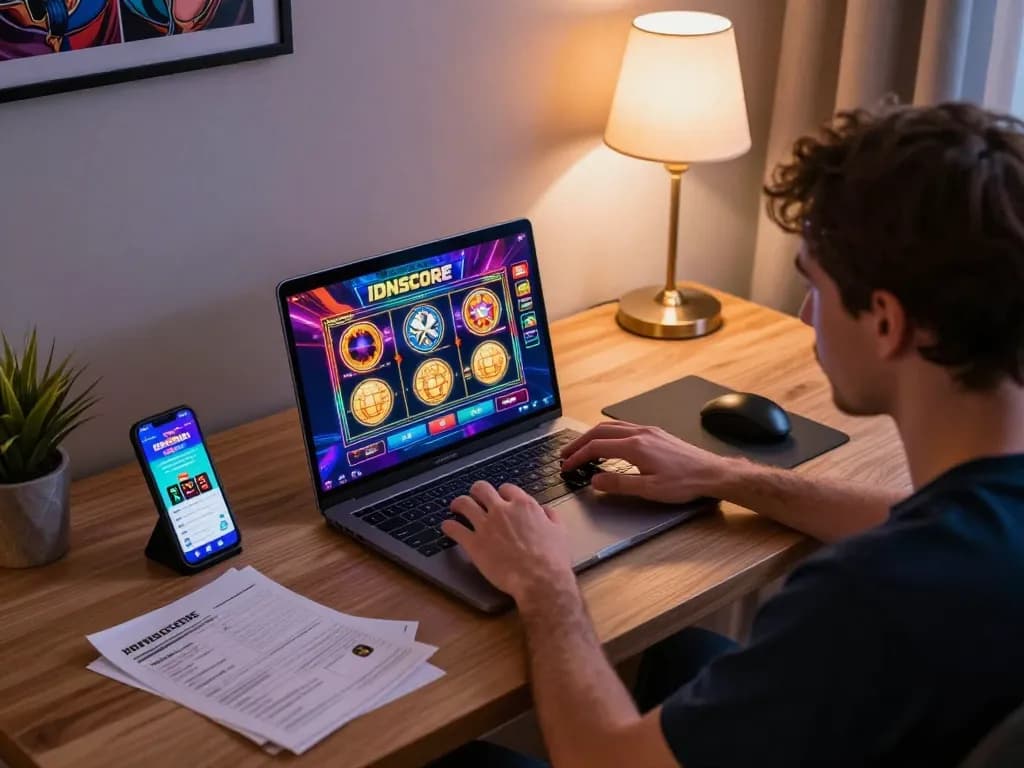 IDNSCORE player enjoying immersive online slot gaming on laptop with strategy notes at hand