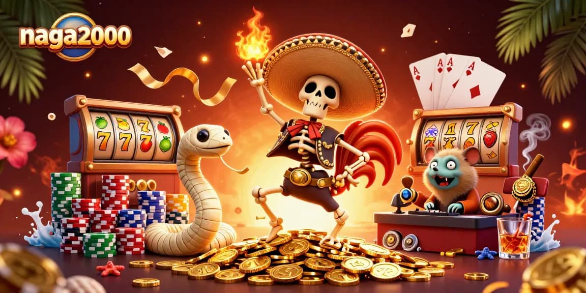 Naga2000 menyajikan simbol slot menarik saat skeleton mariachi merayakan kemenangan di tumpukan koin emas.