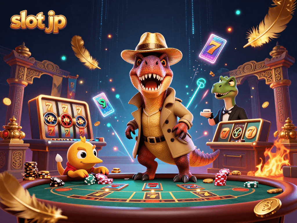 Experience thrilling slot jp action as a velociraptor card counter conspires with a pickpocket in a lively casino scene.