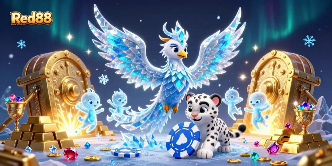 Experience the excitement of Red88 with captivating characters and stunning treasures in a dazzling online casino setting.