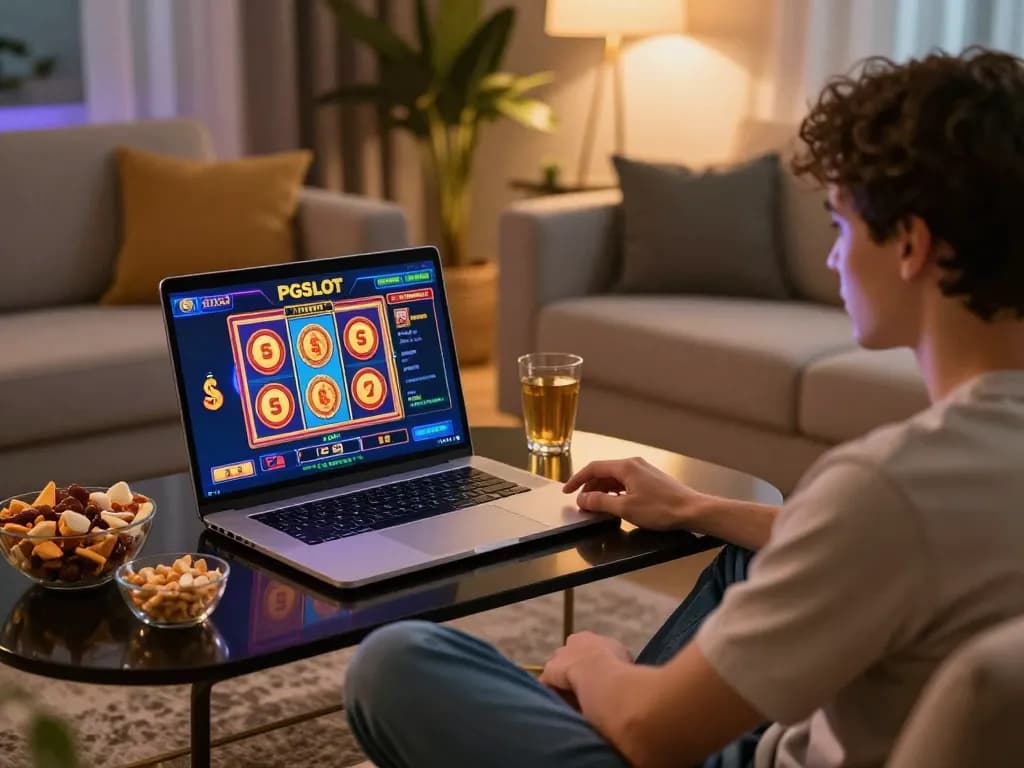 Engaged player exploring PGSLOT on laptop in a cozy living room setting.