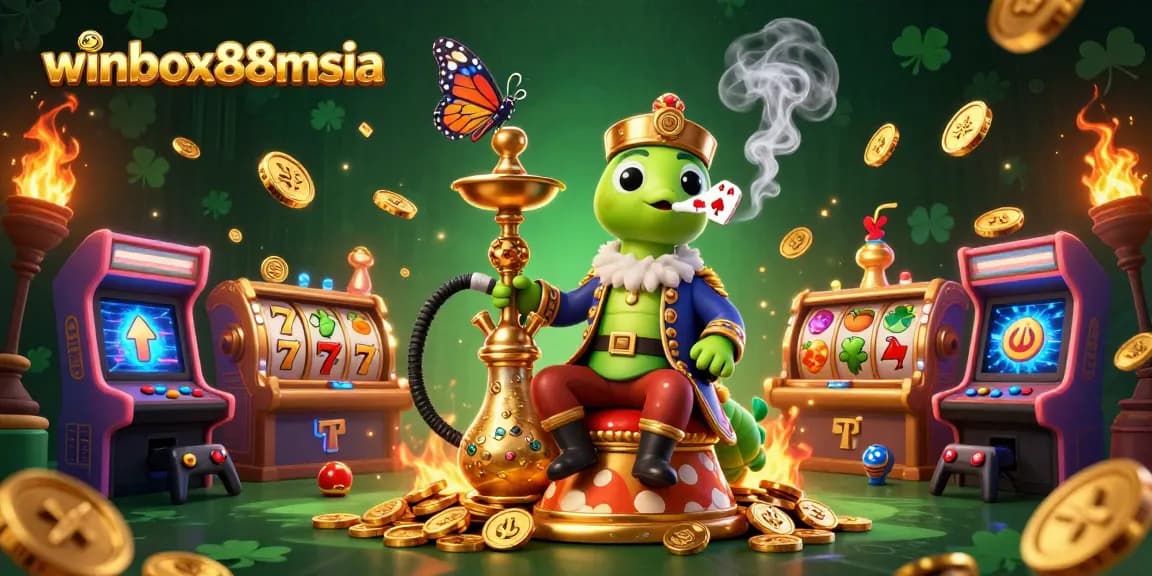 Winbox88msia promotes a vibrant casino scene with unique character designs and slot game elements.