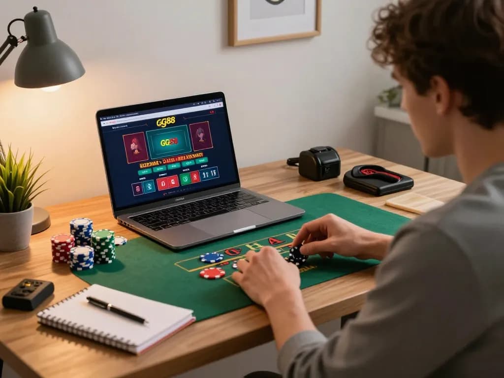 Engaging in live dealer games on gg88, showcasing a comfortable home office setup with poker chips and strategy notes.