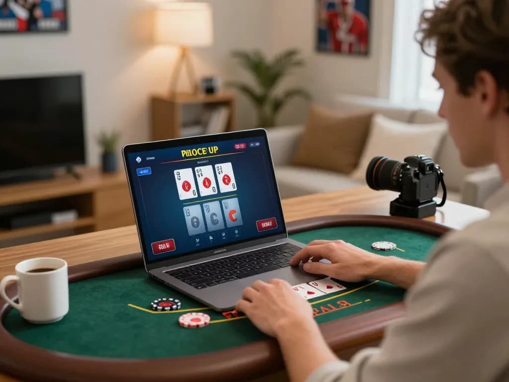 Player enjoying kp88 online blackjack game from home, laptop screen showcasing live dealer action