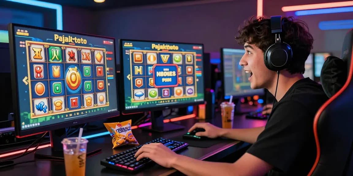 Excited player interacting with pajaktoto slot game on a vibrant gaming setup, showcasing immersive graphics and engaging atmosphere.