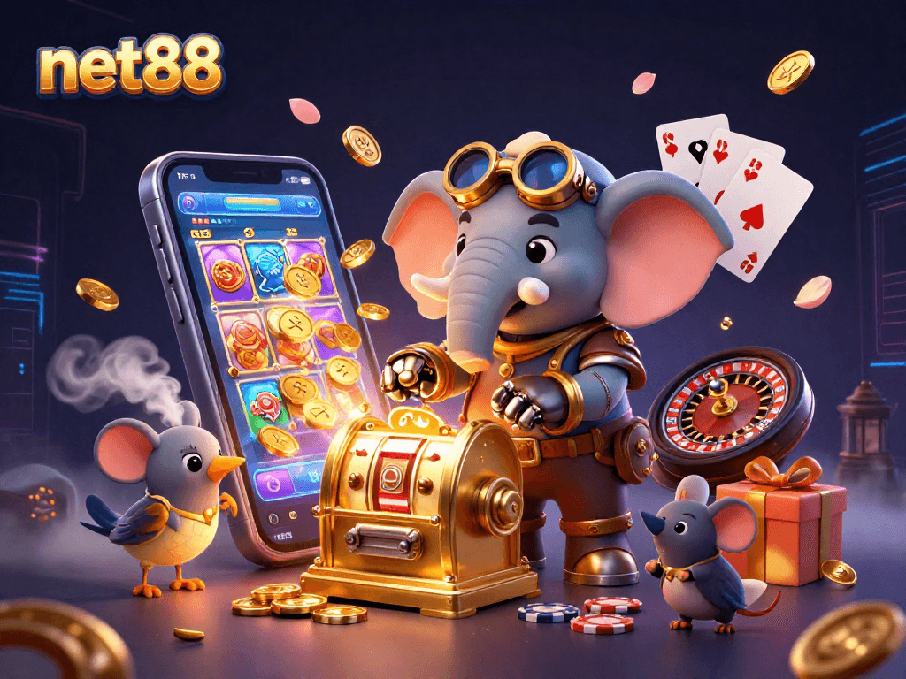 Spin the reels with net88 featuring a steampunk elephant and dynamic casino elements.