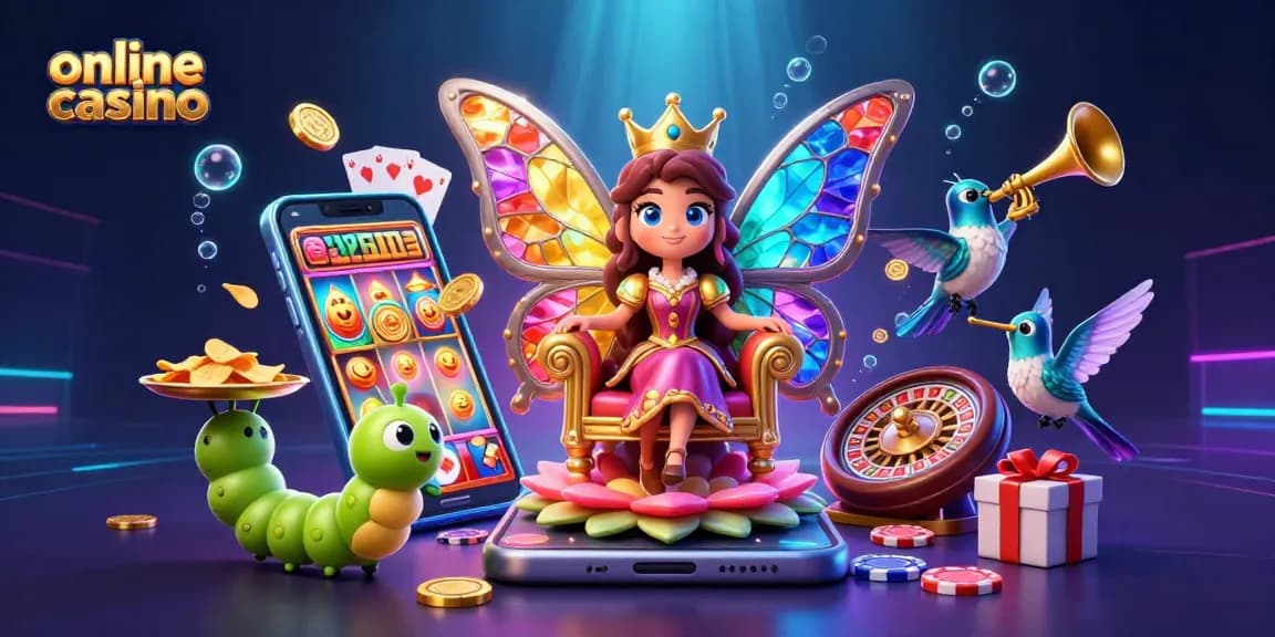 Experience thrilling online casino excitement with a vibrant scene of a butterfly queen, chips, and games.