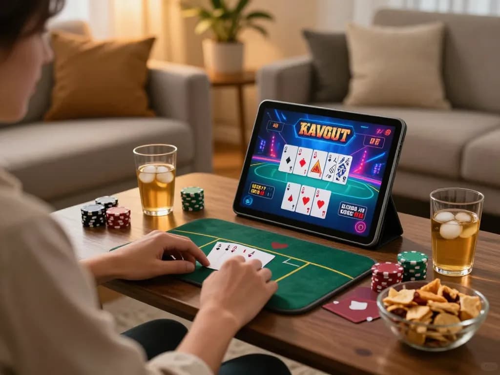 Pengalaman bermain game online Aman788 dengan pengaturan nyaman yang menampilkan permainan poker yang menarik di tablet di ruang tamu yang hangat.