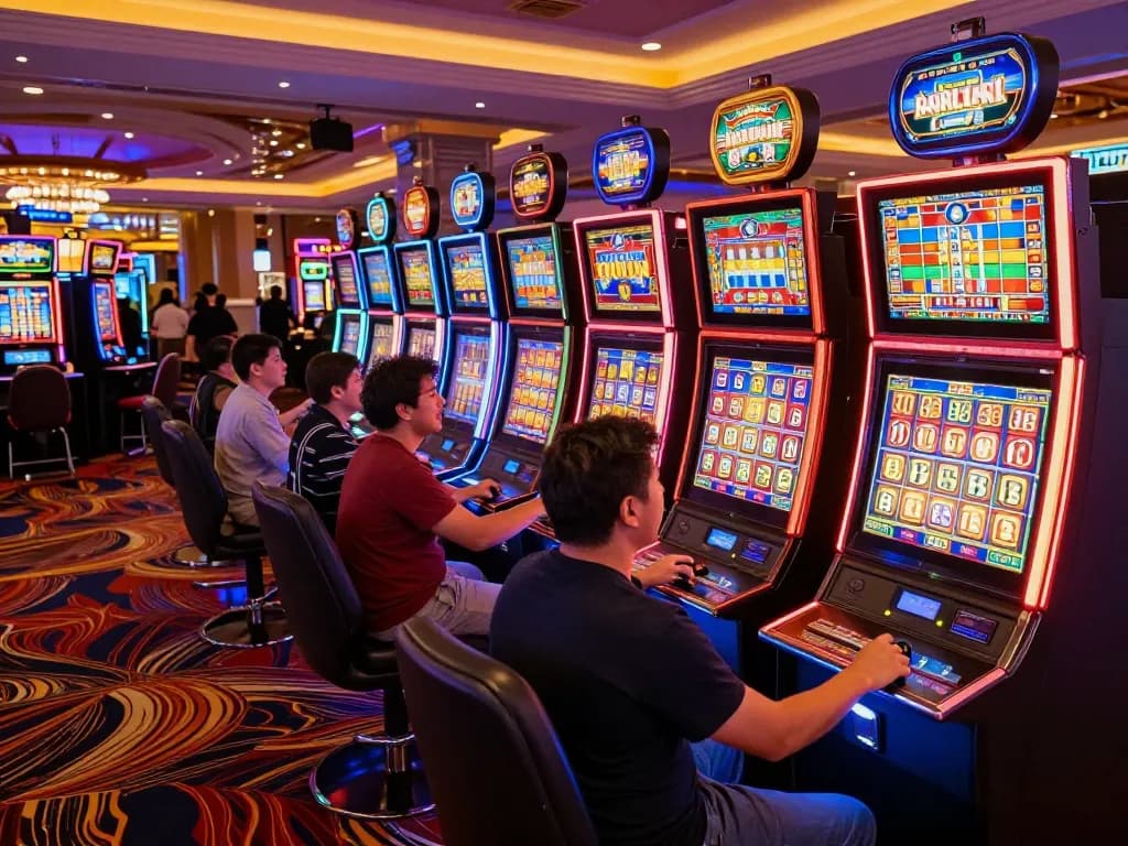 Players enjoying LGOLUX slot machines in a lively casino atmosphere with colorful displays and vibrant lights