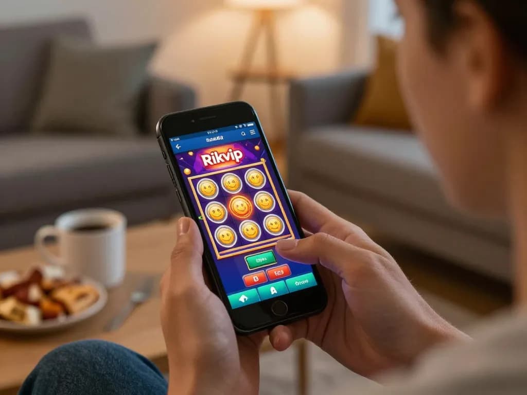 Engaging gameplay on the Rikvip app with a vivid slot machine display in a cozy home setting.
