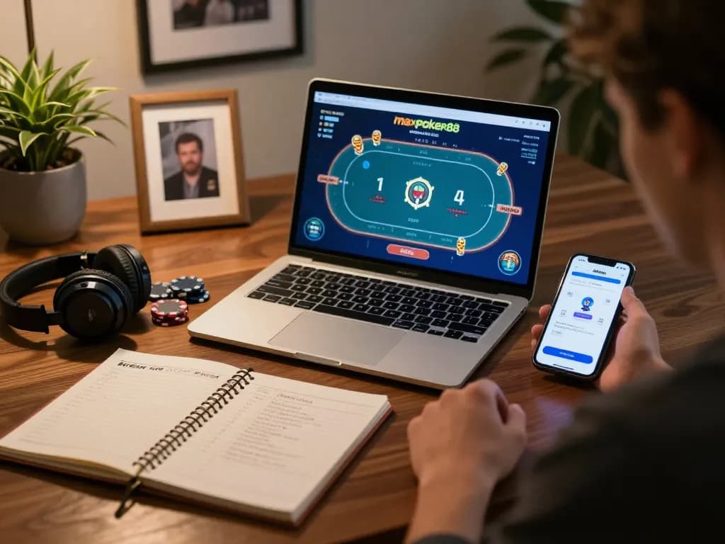 Player enjoying maxpoker88 online poker setup with laptop and strategic notes in cozy home office