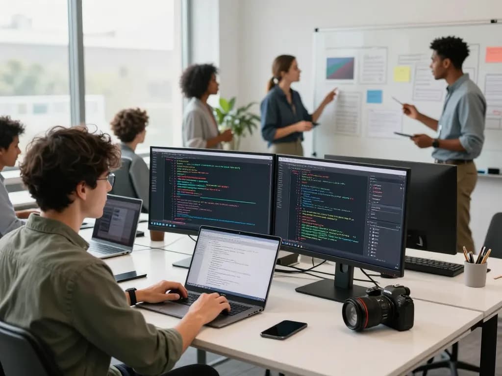 Engineering team collaborating on juicy ai project in modern office.