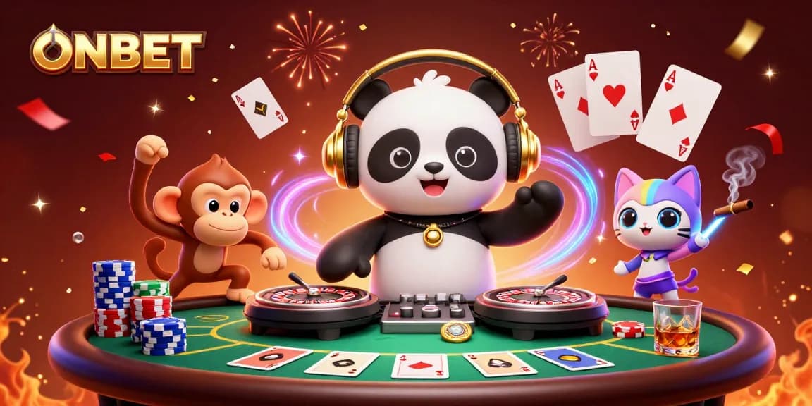 Experience thrilling gaming at ONBET with a colorful DJ panda and lively casino elements.