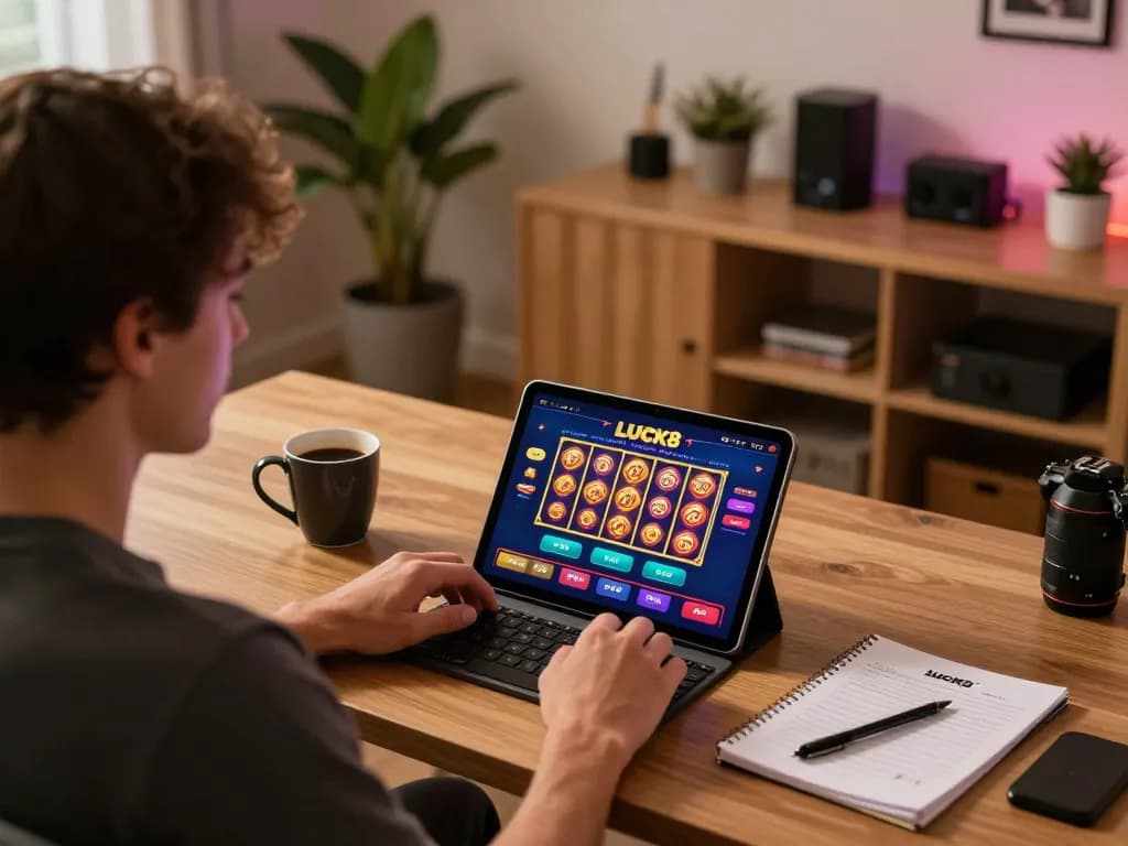 Cảnh hấp dẫn của một người chơi sử dụng ứng dụng lucks8 để chơi game trực tuyến tại nhà, nổi bật gameplay trên máy tính bảng.