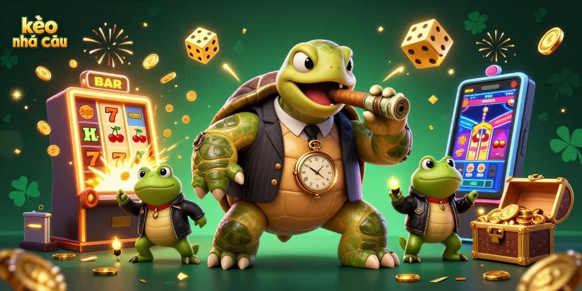 Experience kèo nhà cái in vibrant 3D, showcasing a turtle and bullfrogs amid casino games.