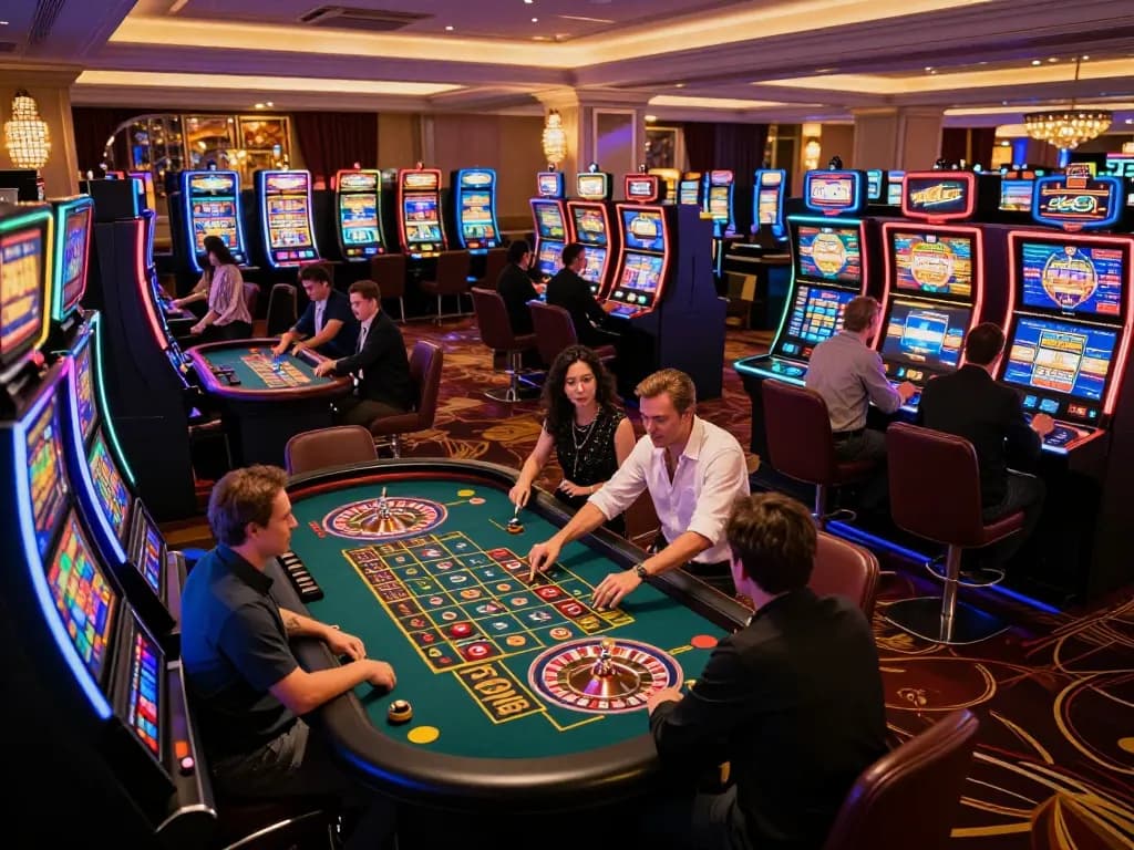Experience the excitement of mm88 gaming at a lively casino featuring slot machines and roulette tables.
