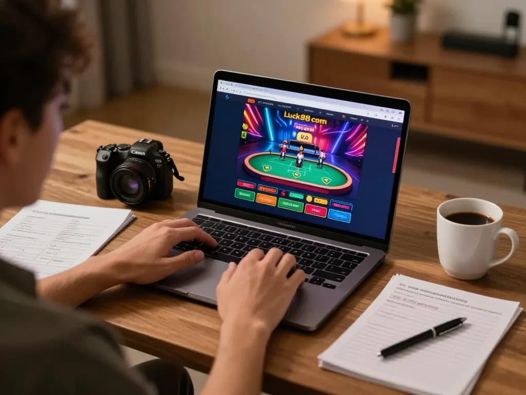 Engaging user immersing in the luck88com online casino experience from home, blending strategy with gaming.