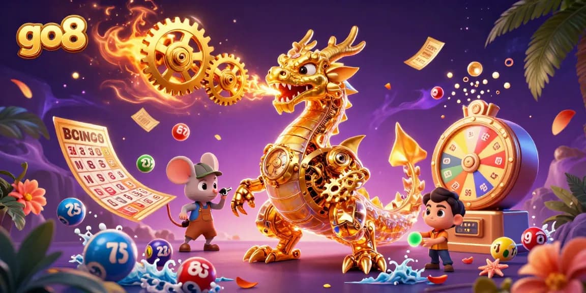 The go8 platform showcases vibrant winning elements with a golden dragon in a dynamic casino scene.