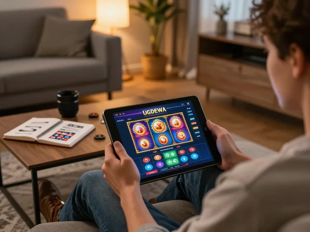 Engaging with UGDEWA online casino on a tablet in a cozy living room setting.