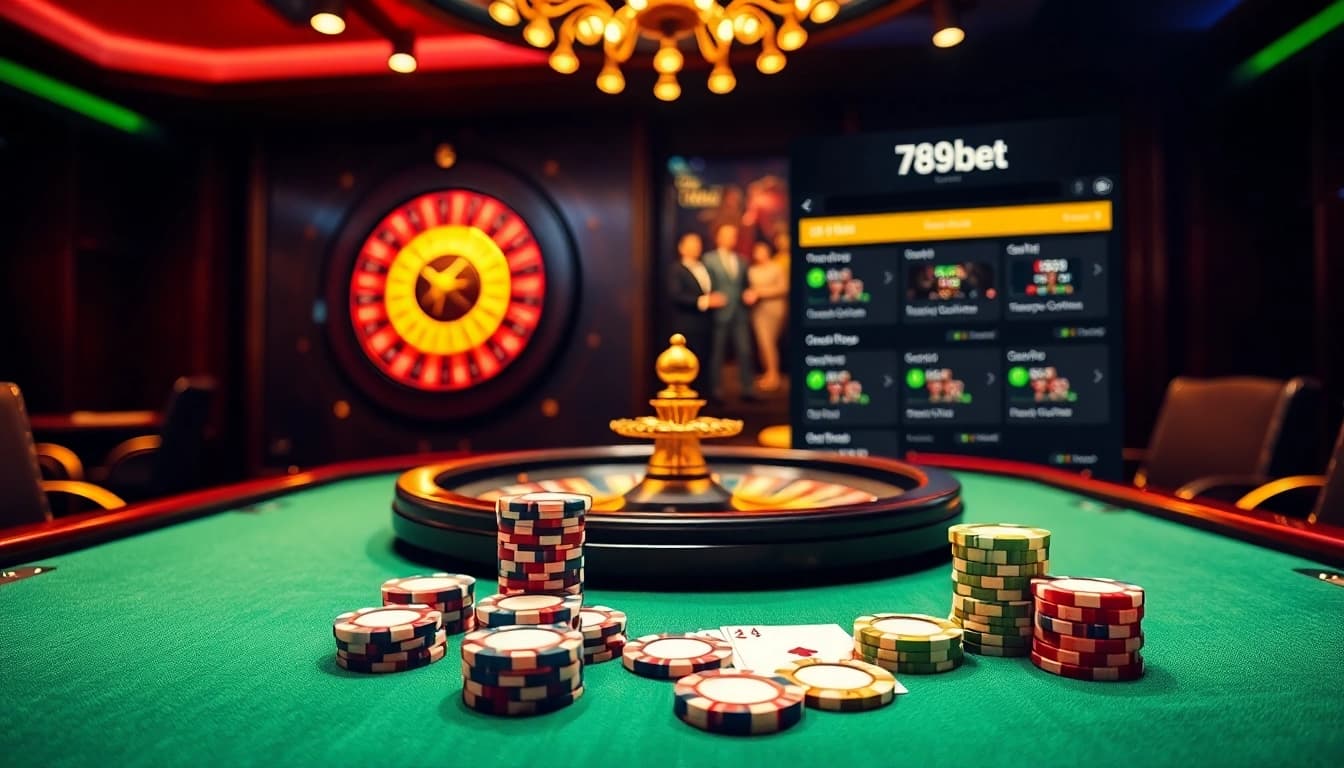 Experience the thrill of gambling at 789bet.com with luxurious casino visuals, poker chips, and roulette.