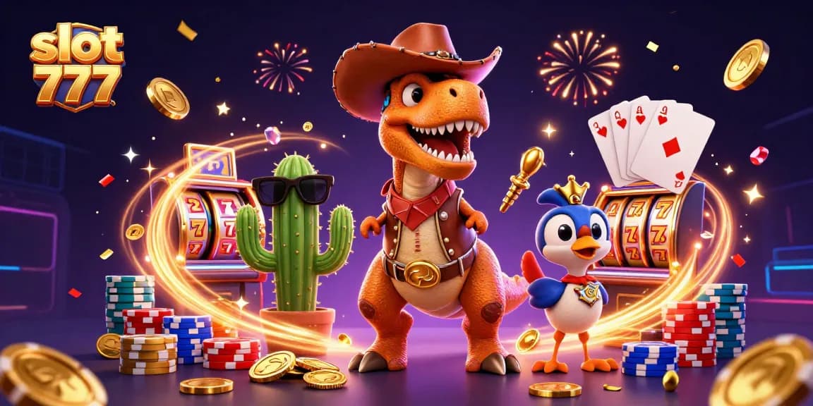 Spin and win at slot 777 with a cartoon T-Rex and friends in a festive atmosphere.