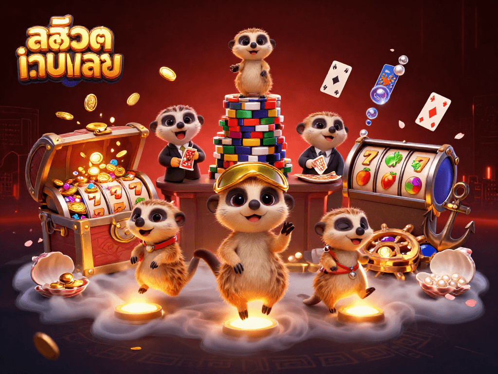 Engage in exciting gameplay at สล็อตเว็บตรง with a lively meerkat casino scene, featuring vibrant slot elements.