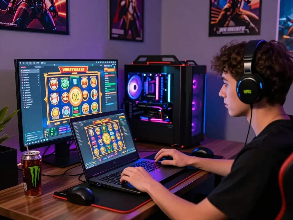 Exciting gaming moment showcasing Winstrike69 login and slot action, vibrant setup.