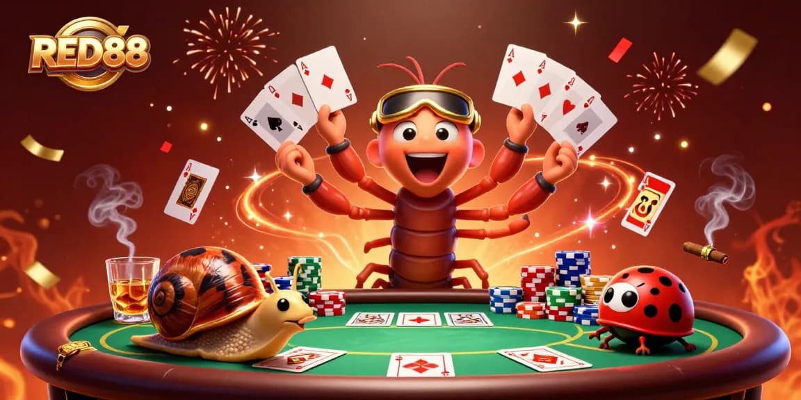 Watch RED88's millipede dealer showcasing poker skills at a lively casino scene.