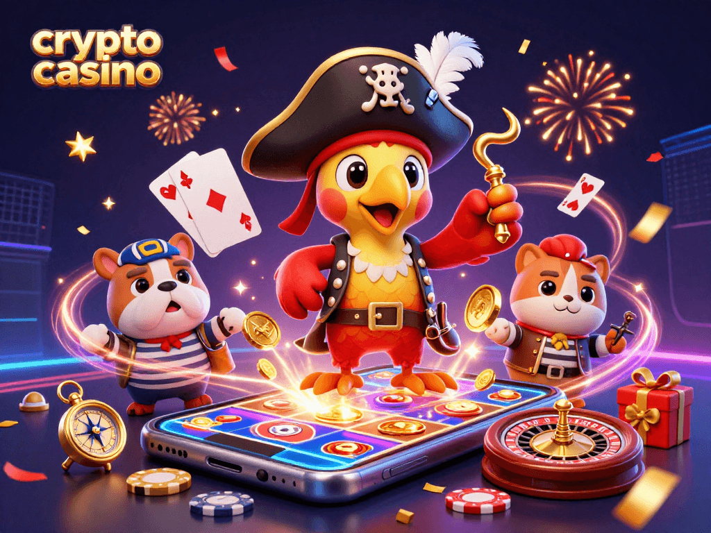 Engage in thrilling games at the crypto casino with vibrant characters and exciting elements.