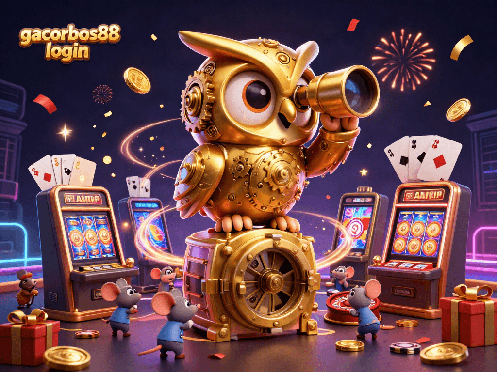 Experience a thrilling gacorbos88 login in a vibrant casino scene featuring playful characters.