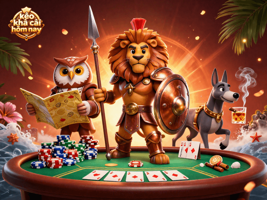 Experience excitement with kèo nhà cái hôm nay as characters engage in poker at a vibrant casino scene.