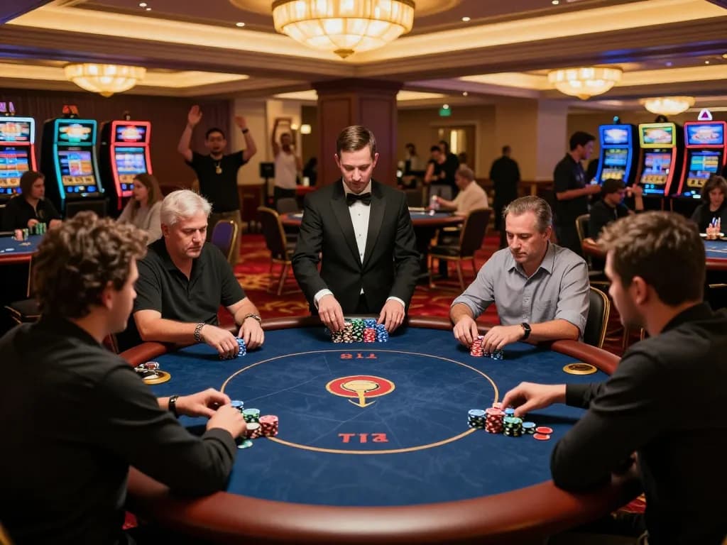 Players enjoy a strategic poker game at F8BET, showcasing excitement and engagement on the casino floor.