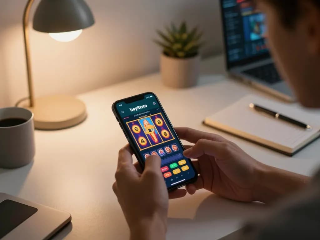 Rasakan perjudian online bayitoto dengan pengguna yang terlibat dalam permainan slot 4D di smartphone dalam ruang kerja yang nyaman.