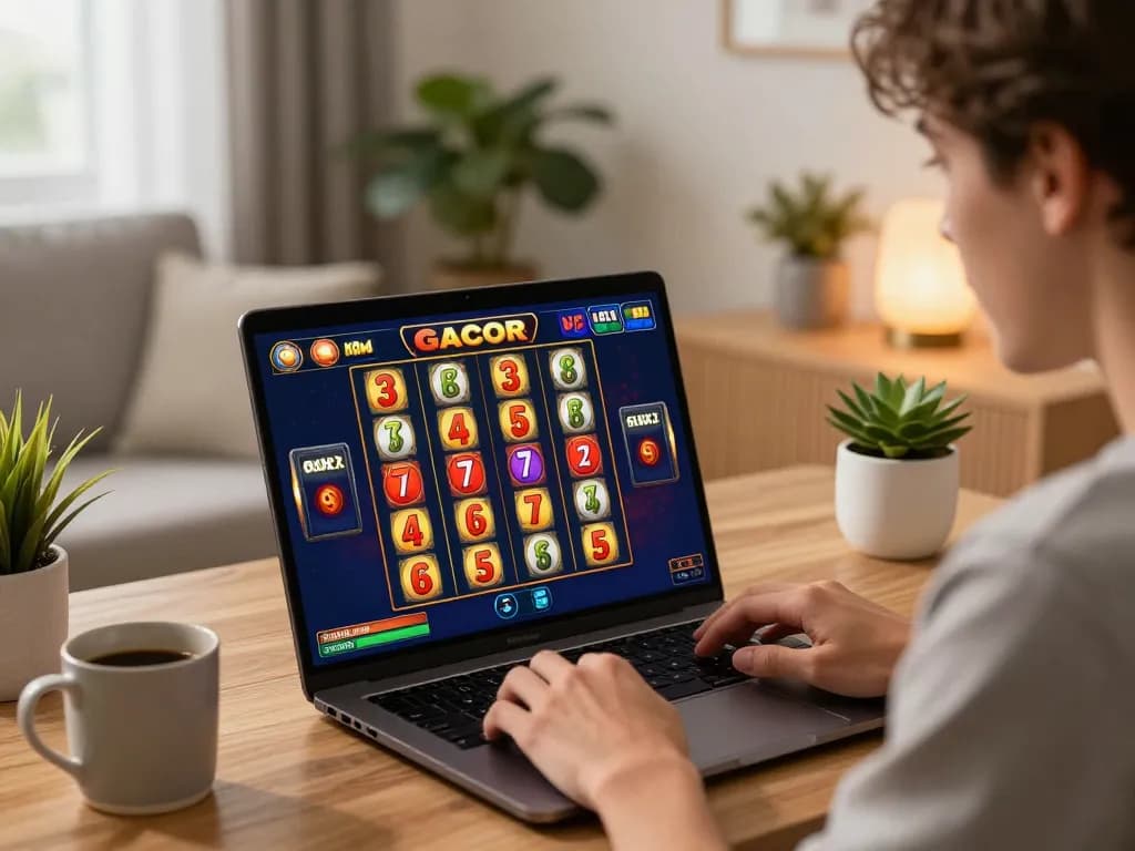 Player celebrating a win at a slot gacor game on a laptop in a cozy home setting.