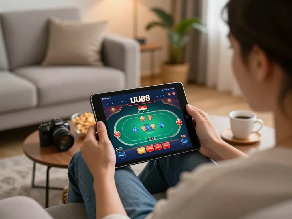 UU88 online gaming experience at home with a person using a tablet to play poker comfortably.
