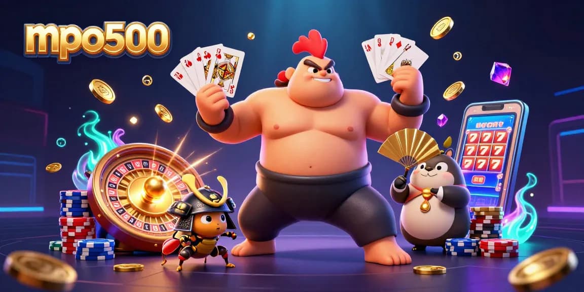 Experience mpo500 with an epic casino scene featuring vibrant characters, rich gambling elements, and dynamic visuals.