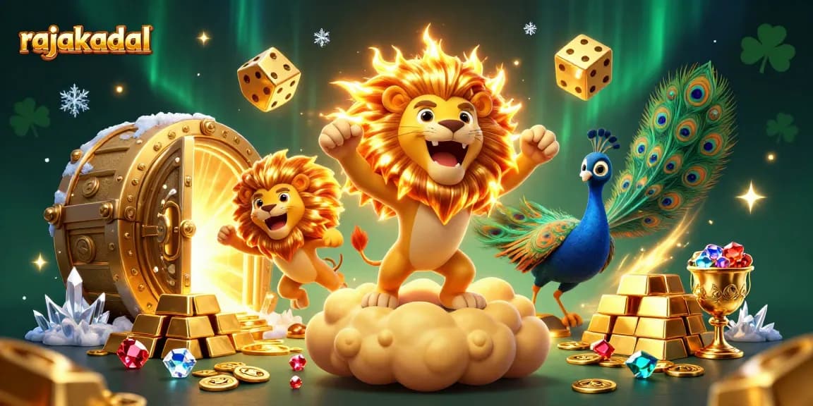 Menyaksikan kemenangan di rajakadal dengan matahari singa 3D mewah dan harta berkilau.