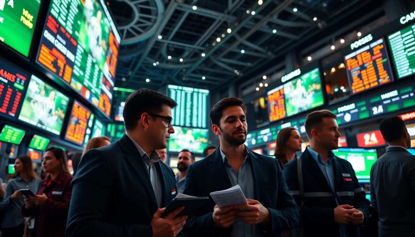 Engaged bettors at W88 sports betting event in a vibrant, high-tech arena.