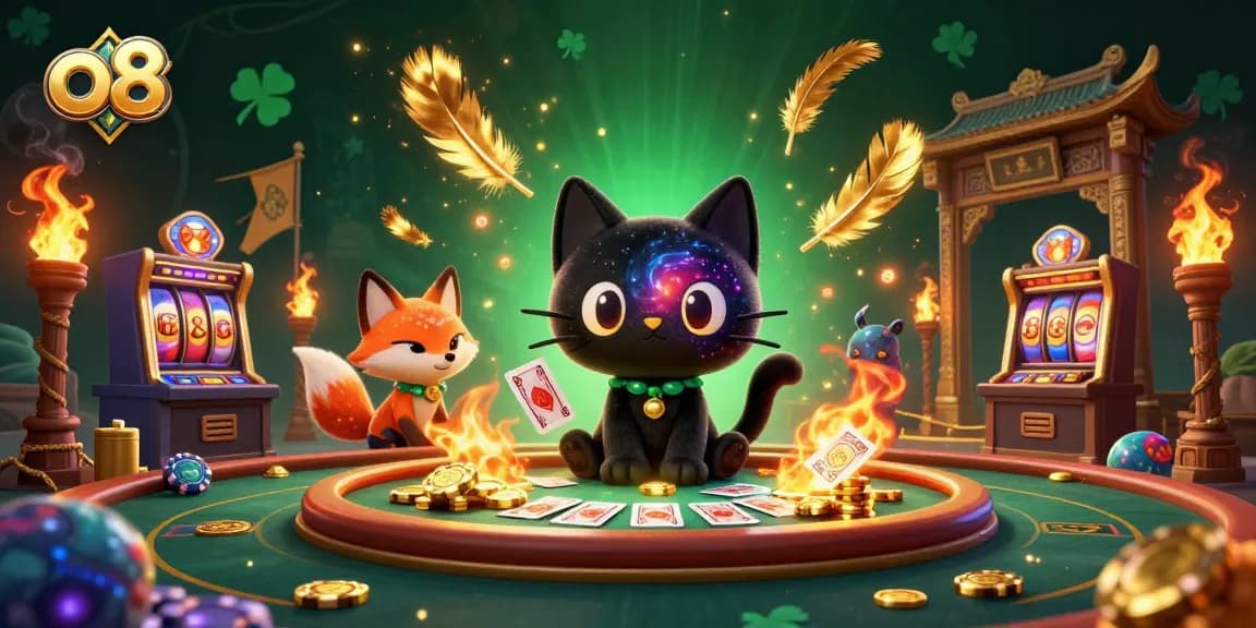 Engage with O8's dynamic casino experience, featuring colorful characters and thrilling slot machines.