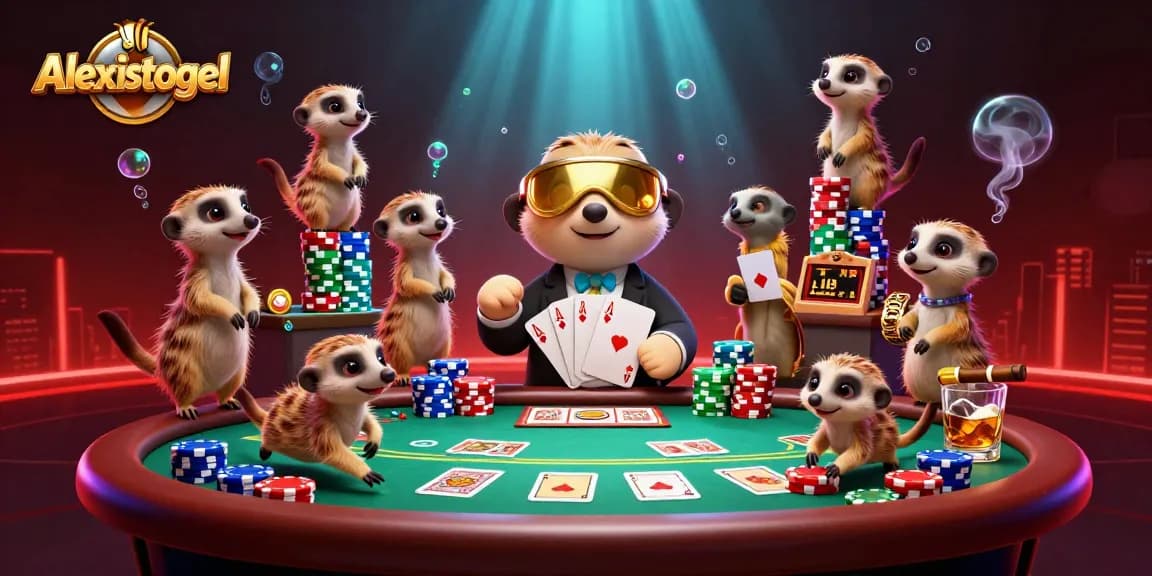Alexistogel menunjukkan koloni meerkat yang menjalankan operasi kasino, dengan banyak elemen permainan menyebar.