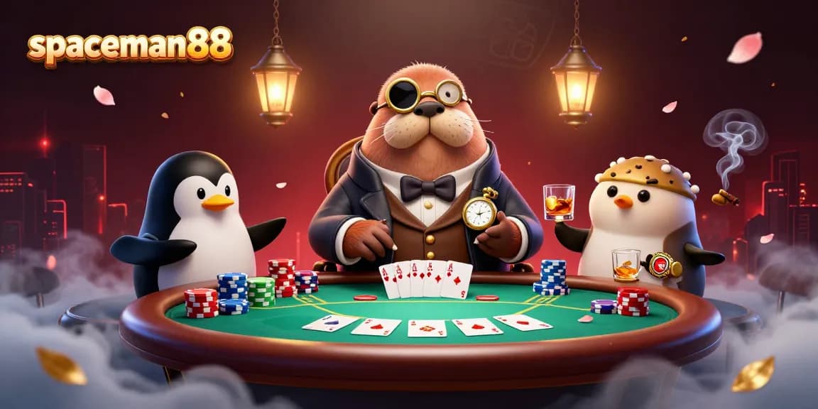 Experience thrilling casino action with spaceman88 as characters bluff and wager at an underwater poker table.