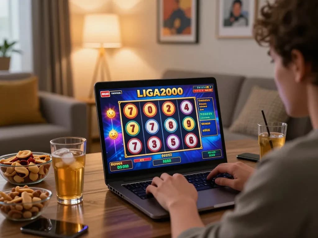 LIGA2000 online slot player engaged in vibrant gaming session at home.