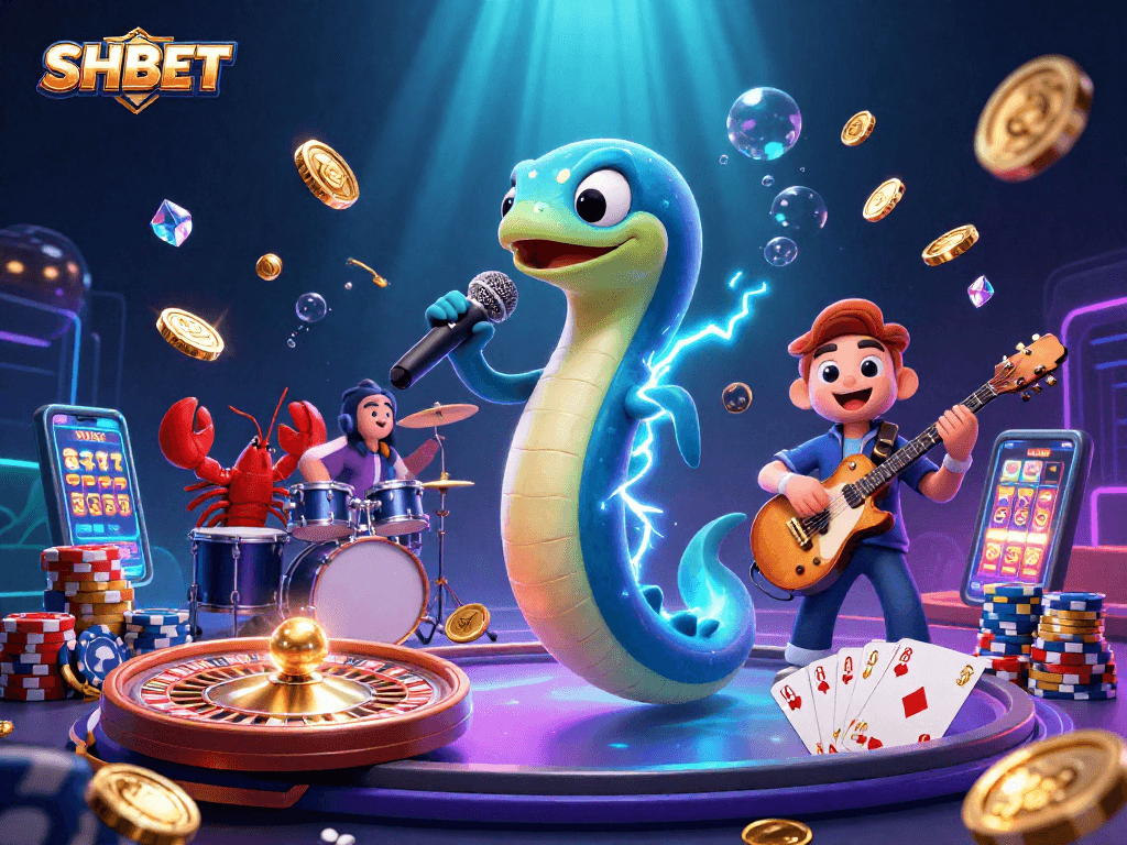 SHBET players enjoy exciting moments in an underwater casino scene with electric eel DJ, lobster drummer, and seahorse guitarist.